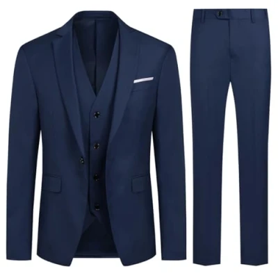 Afbeelding van Herenkostuum, 3 delig, smalle pasvorm, bruiloft, smoking, één knoopsluiting, jas, vest, broek, Navy Blauw