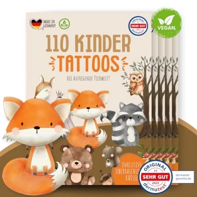 Afbeelding van MeinBaby123 550 stuks kindertatoeages, huidvriendelijk, bosdieren, stickers voor kinderen, veganistisch en gemaakt in Duitsland (5 schattige dieren)