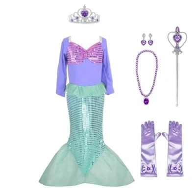 Afbeelding van Lito Angels Kostuum zeemeermin, prinses, Ariel, met accessoires voor kinderen, meisjes, verjaardag, feest, kostuum, carnaval, maat 5 6 jaar (labelnummer 120)