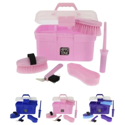 Afbeelding van RL24 Hippo Tonic paardenreinigingsbox Reinigingsbox met hoefschraper, hoefborstel, kardeborstel en paardenborstels schoonmaakdoos in roze koffer