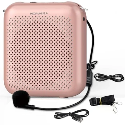 Afbeelding van NORWII Mini spraakversterker, draagbaar, oplaadbaar, met bekabelde microfoon en riem, persoonlijke spraakversterker voor leraren, presentatie, gidsen, vergadering, roségoud