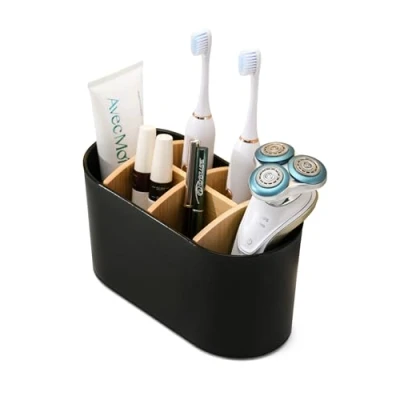 Afbeelding van Zwarte tandenborstelhouder voor badkamer met bamboe vakken, elektrische antislip onderkant, tandenborstelorganizer 6 sleuven, mand