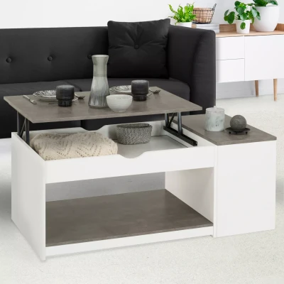 Image de Table basse plateau relevable ELEA avec coffre bois blanc et gris effet béton