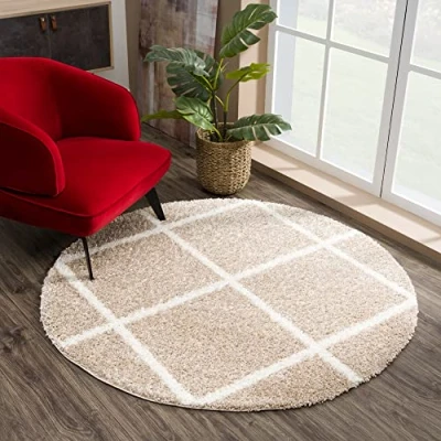 Afbeelding van SANAT Madrid Shaggy hoogpolig tapijt voor woonkamer, slaapkamer, keuken, beige, 80 cm rond