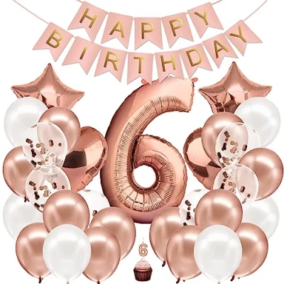 Afbeelding van Verjaardag Decoratie Meisje Rose Goud Nummer 6e Gelukkige Slinger Folieballon 6 Ballon van Kinderen