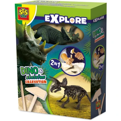 Afbeelding van SES Dino en skelet opgraven 2 in 1 Triceratops bikblok met complete set houten hamer beitel