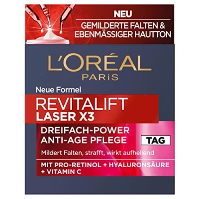 Image de L&#039;Oréal Paris Soin de jour raffermissant et repulpant pour le visage anti âge triple action, avec acide hyaluronique, vitamine C pro rétinol, Revitalift Laser X3, 50 ml