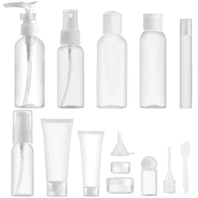 Afbeelding van set van 14 lege reisflessen (max. 100 ml) reisformaten container om te vullen, reisset flessen voor cosmetica vliegtuig (transparant)
