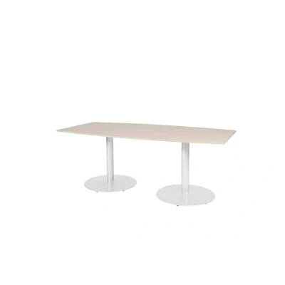 Afbeelding van Linesto 200x100cm tonvormige vergadertafel op vaste hoogte (74cm) met lindberg (licht) eiken 25mm blad en witte (RAL9010) trompetvoeten