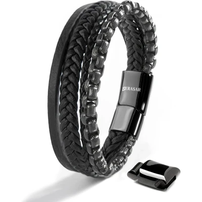 Afbeelding van SERASAR Hoogwaardige armband van echt leer voor heren [Hero] in zwart, magneetsluiting roestvrij staal, zilver en goud, inclusief sieradendoosje, leuk cadeau idee, Leer, Geen edelsteen
