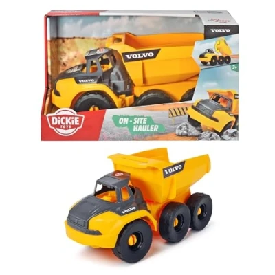 Afbeelding van Dickie Toys QDKT062063 Volvo kiepfluitje met vrijloop, beweegbare scharnier as achter de stuurcabine, beweegbaar laadvlak, open cabine, 26 cm, geel/grijs