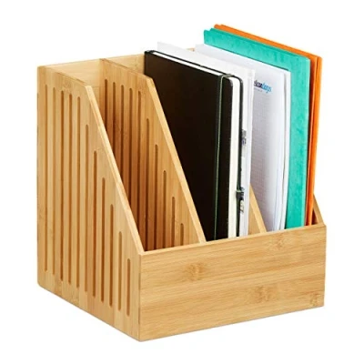 Afbeelding van Relaxdays tijdschriftenhouder bamboe 3 vakken tijdschriftencassette tijdschrifthouder