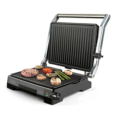 Afbeelding van Black+Decker BXGR2200E 2 in 1: gladde platen en barbecue, het verspreiden van vlees, vis, groenten, opening 180 graden, temperatuur tijdregeling met lcd display