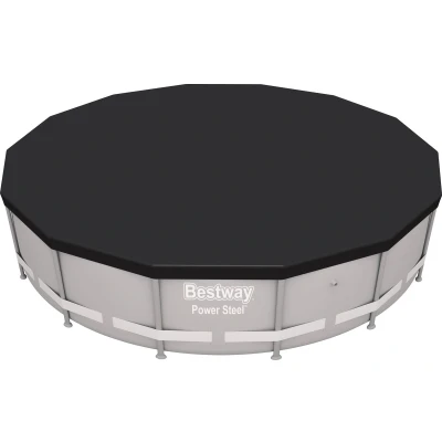 Afbeelding van Bestway Flowclear Zwembad Afdekzeil Ø427 cm Grijs PVC Rond Met Afvoergaten Eenvoudige Montage Valt over Bevestigingskoord
