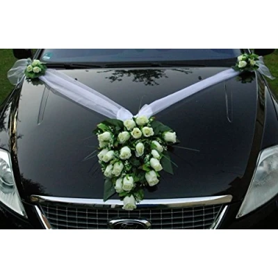 Afbeelding van Kanten autoboeket, autoversiering, bruidspaar, rozen, decoratie, huwelijk, auto, bruiloftsdecoratie (wit 2)