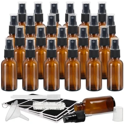 Afbeelding van Belle Vous Amber Glazen Bemisting Spray Flesjes (24 Pak) 30 ml Lege Spuitflesjes, Schoonmaakborstel, Trechter, Labels &amp; Pen Navulbare Flessen voor Essentiële Olies, Schoonmaken Aromatherapie