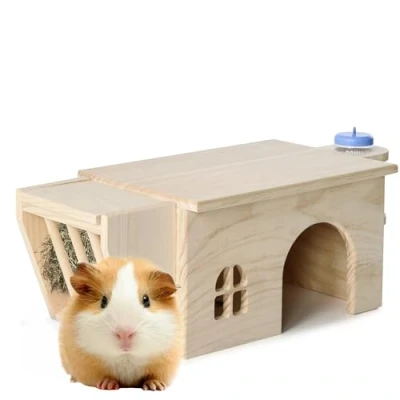 Afbeelding van Navaris 3 in 1 cavia huisje van hout Met hooiruif en waterflesje Geschikt voor cavia&#039;s hamsters egels gerbils andere kleine knaagdieren