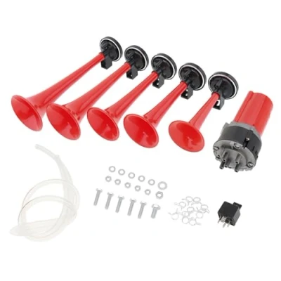 Afbeelding van 5 stuks 125 dB 12V muziektrompetten met compressor voor auto, vrachtwagen, boot, bus.