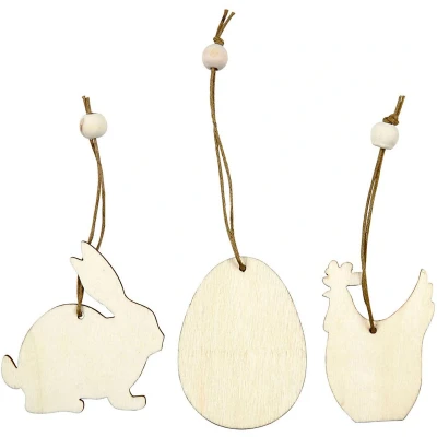 Afbeelding van Houten decoraties, konijn, ei, kip, afm 6 cm, dikte 3 mm, 9stuks