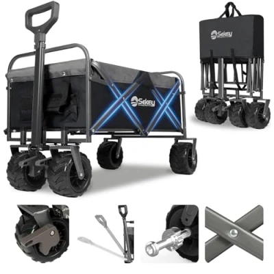 Afbeelding van Sekey Opvouwbare transportwagen, 200 kg, van polyurethaan, bandenbreedte 17 x 10 cm, voor alle terreinen, telescoopstang en remmen, klassiek, zwart/grijs