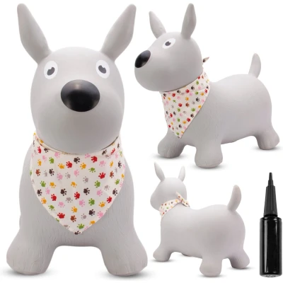 Afbeelding van Opblaasbaar springdier, speelgoed voor kinderen van 1 jaar binnen en buiten, ergonomisch design, inclusief handpomp (grijze hond met stippenbandana)