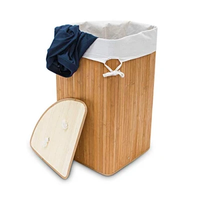 Afbeelding van relaxdays Opvouwbare wasmand Bamboe hout Waszak katoen 65x49,5x37 cm.