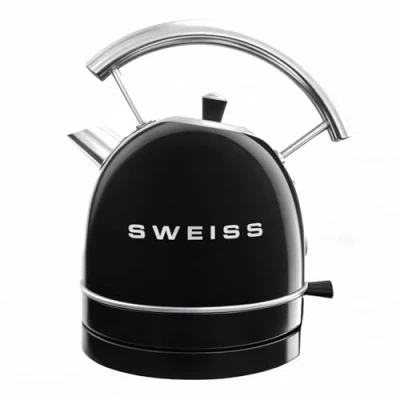 Afbeelding van SWEISS KTL9 Vintage elektrische waterkoker, 1,5 l, compact roestvrij staal, praktisch, 2200 W, snel koken, zichtbaar waterniveau en schaalbaar, automatische uitschakeling, 360 sokkel, zwart