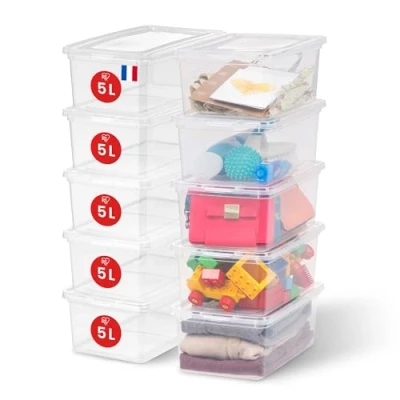 Image de Iris Ohyama, Petite Boite de Rangement Multi Usages, 5L, Lot 10, Transparent, Fermeture Facile, Empilable, en Plastique pour Vêtement, Etagères, Jouet, Papeterie, Chaussures, CNL 5