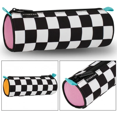 Afbeelding van Zwart wit etui in de vorm van een tube, met ritssluiting 22x8x8 cm