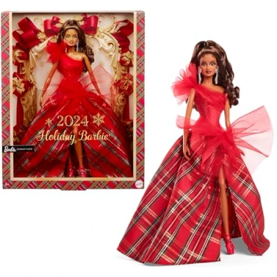 Afbeelding van Barbie Holiday HRM67 Poppen 2024, seizoenscadeau, verzamelcadeau, geruite jurk met rode strik, presentabele verpakking, lichtbruin haar