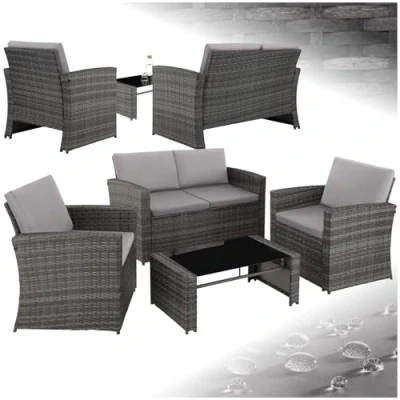 Afbeelding van tectake® wicker Lounge tuinmeubelset voor de tuin, meubilair het balkon, 12 delige tuinlounge (weerbestendig), eetset met buitenbank, fauteuil en tafel 4 personen grijs poly rattan