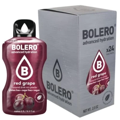 Afbeelding van Bolero Red Grape 24 x 3 g, suikervrij, gezoet met stevia + vitamine C, voor kinderen en sport, glutenvrij, veganistisch, rode druivensmaak