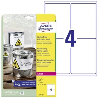 Afbeelding van Avery L4774 20 Ultra sterke Etiketten Ft 99,1 X 139 Mm (b H), 80 Etiketten, Wit Etiket