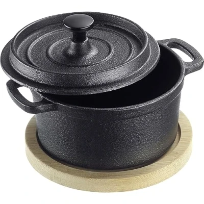 Afbeelding van Westmark Tapas + Friends Kleine gietijzeren pan met deksel, geschikt voor alle warmtebronnen, inclusief inductie en barbecue, onderzetter van bamboe, ijzer, 250 ml
