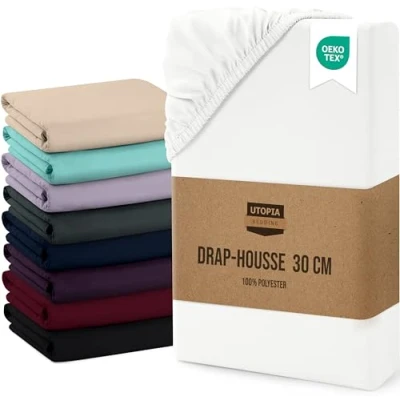 Afbeelding van Utopia Bedding Hoeslaken, met overslag van 30 cm, eenvoudig onderhoud, zachte geborstelde microvezelstof, krimpbestendig en vervaagt niet (140 x 200 wit)