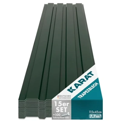 Afbeelding van KARAT Set van 15 trapeziumplaten 115 x 45 cm Profielplaat met schroeven Dakplaat 7,7 m² Dikte 0,25 mm Dakplaten plaatstaal Wandbekleding (groen)