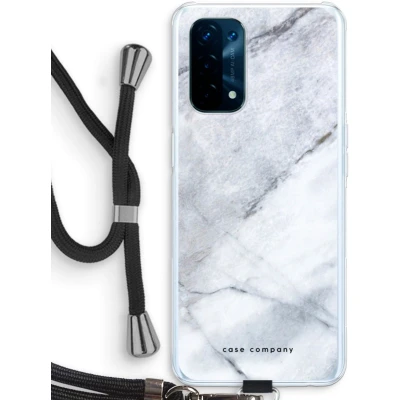 Afbeelding van Case Company® hoesje met Koord geschikt voor Oppo A74 5G Witte marmer Telefoonhoesje Zwart Bescherming aan alle Kanten en Over de Schermrand