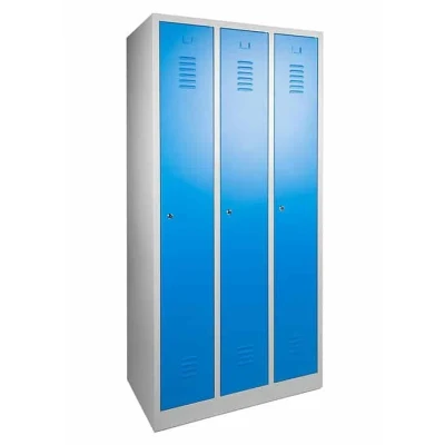 Afbeelding van Industriële locker garderobekast 3 delig blauw op de sokkel en opening voor hangoogsluiting (zonder hangslot geleverd)