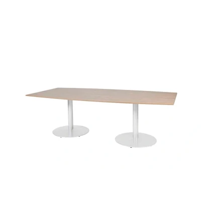 Afbeelding van Linesto 240x120cm tonvormige vergadertafel op vaste hoogte (74cm) met havana/ kersen licht 25mm blad en witte (RAL9010) trompetvoeten