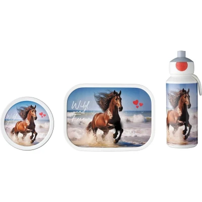 Afbeelding van Mepal Lunchset voor kinderen met pop up drinkfles, lunchbox en fruitbox Pauzeset school of onderweg Vaatwasmachinebestendig BPA vrij Wild paard