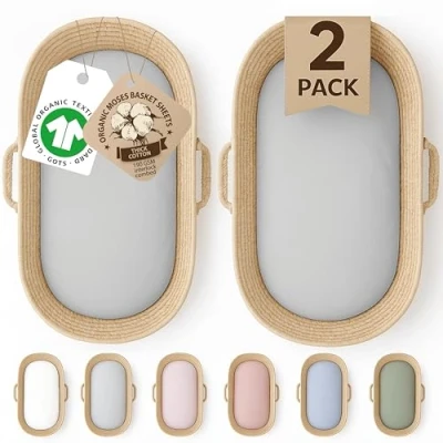 Afbeelding van Bunnyjik Set van 2 ovale hoeslakens, 28 x 74 cm, GOTS gecertificeerd, 100% katoen, superzachte dikke koppeling, geschikt voor wieg, babybed en bijzetbed