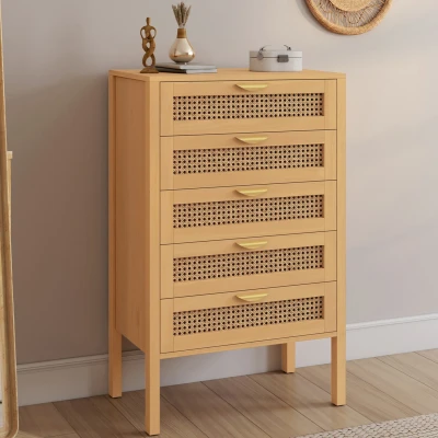Image de Chiffonnier 5 tiroirs EDHEN 60 cm commode semainier cannage coloris bois IDMarket