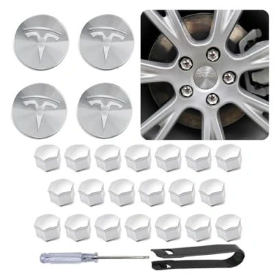 Afbeelding van Set wieldoppen voor Tesla Model 3/Model Y (zilver), 4 naafdoppen + 20 wielmoerdoppen