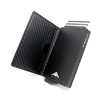 Afbeelding van Stealth Minimalistische portefeuille met pop up kaarthouder, in geschenkdoos, licht en dun aluminium creditcard etui RFID/NFC blokkering