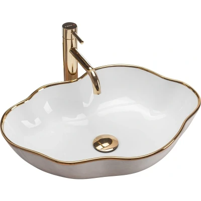 Afbeelding van REA Pearl Opzetwastafel Waskom 51.5 x 37.5 13.5 cm Glans Wit met Gouden Lijn
