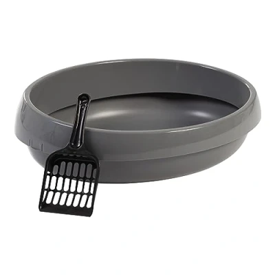 Afbeelding van Iris Ohyama, PNE 480 Kattenbak met schep, max. 4 kg, grijs, open, toilethuis, hoge randen, voor kittens, konijnen, kleine capaciteit, BPA vrij, eenvoudige reiniging,