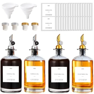 Afbeelding van TEGOVE Olijfolie Dispenser Fles,4pcs Oliefles,Azijn en Olieflessen 500ml,Glazen Flessen Oliedispenser met Trechter Sausfles Karaf Olie Tuit,Olijfolie Fles Glas Koffie Siroop