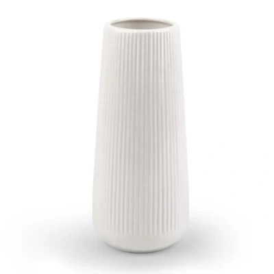 Afbeelding van Witte keramische vaas, decoratieve bloemenvaas, vaas met groeven, moderne voor pampasgras, kleine thuis, woonkamer, eettafel, entree, kantoor