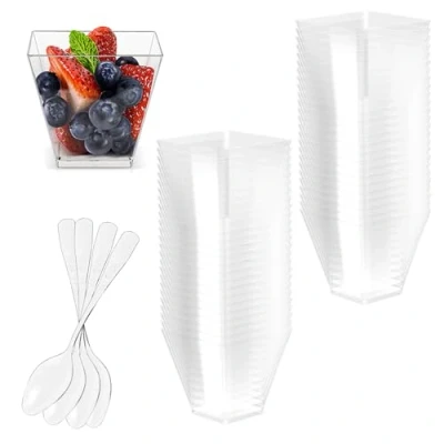 Afbeelding van Fousenuk 50 stuks dessertglazen met kunststof lepels, 60 ml, transparant, herbruikbaar, voor pudding, mousse, ijs, verjaardag, bruiloft