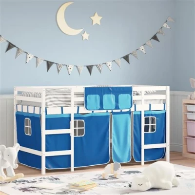 Afbeelding van vidaXL Kinderhoogslaper met gordijnen 90x200 cm grenenhout blauw